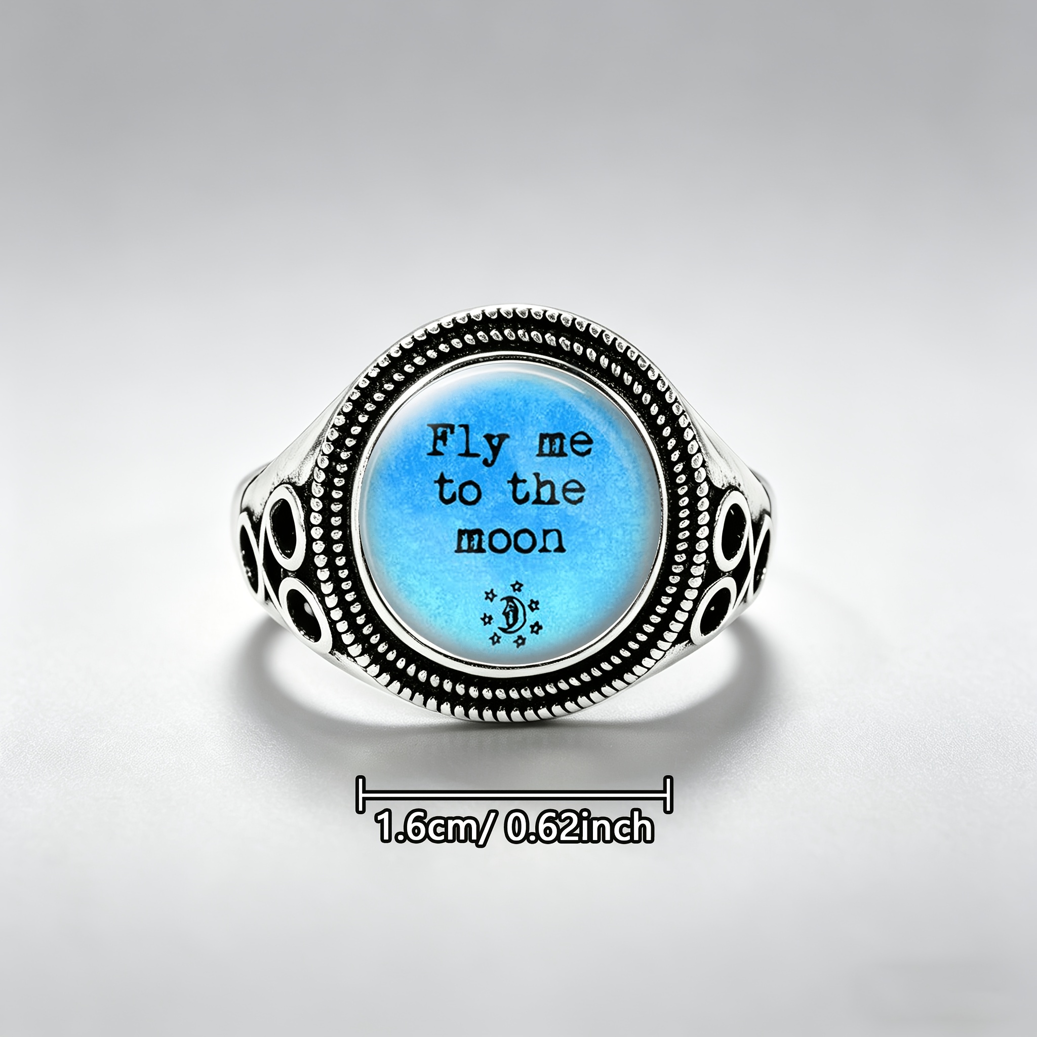 Classic Black Adjustable Ring with Moon & Star Pattern
